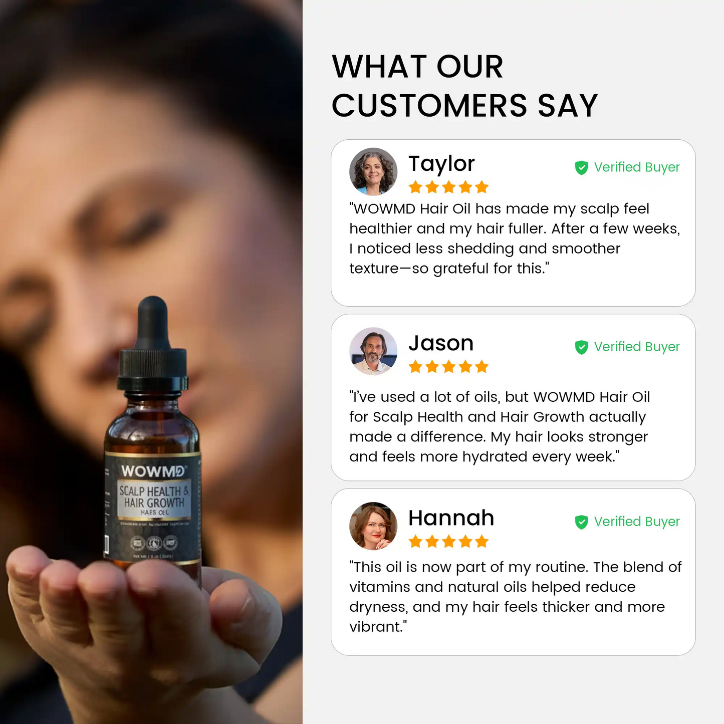 Bottle of WOWMD Hair Oil held by a person with customer testimonials displayed on the right.