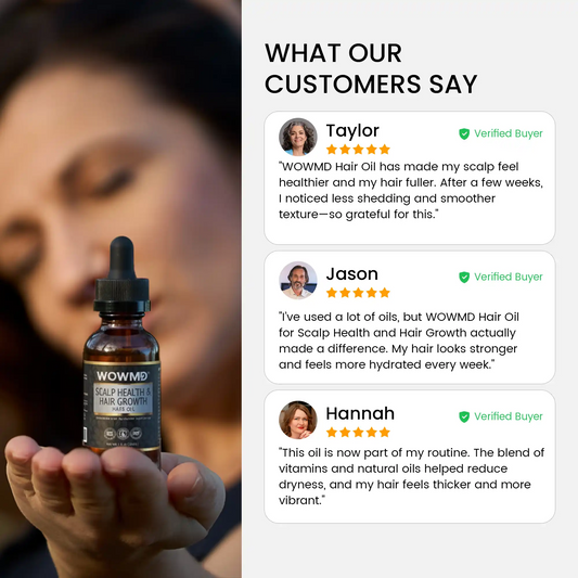 Bottle of WOWMD Hair Oil held by a person with customer testimonials displayed on the right.