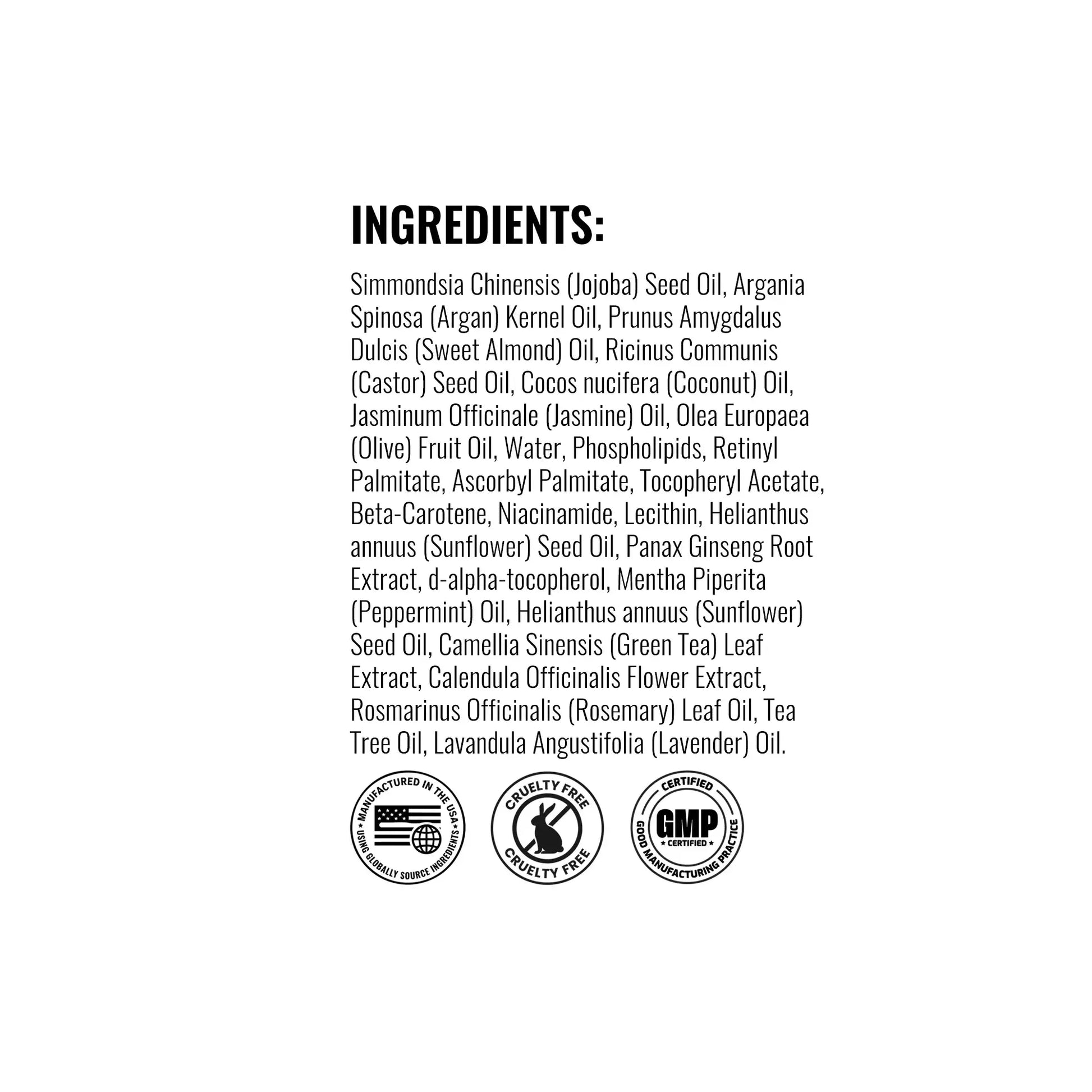 List of ingredients on a white background with three certification logos below.