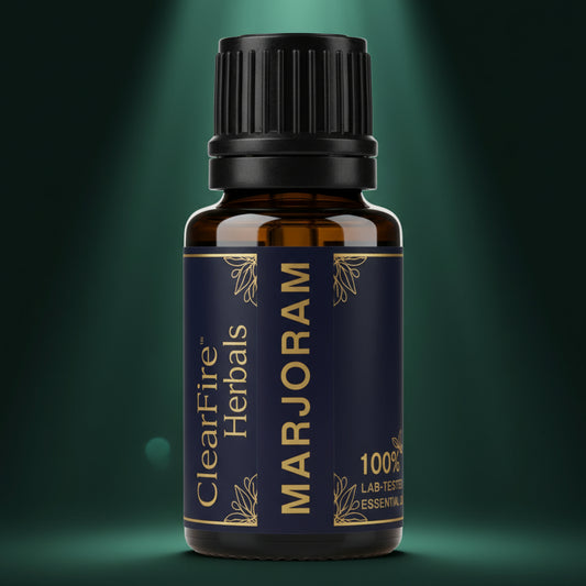 Bottle of Nature's Fusions Marjoram essential oil on a white background