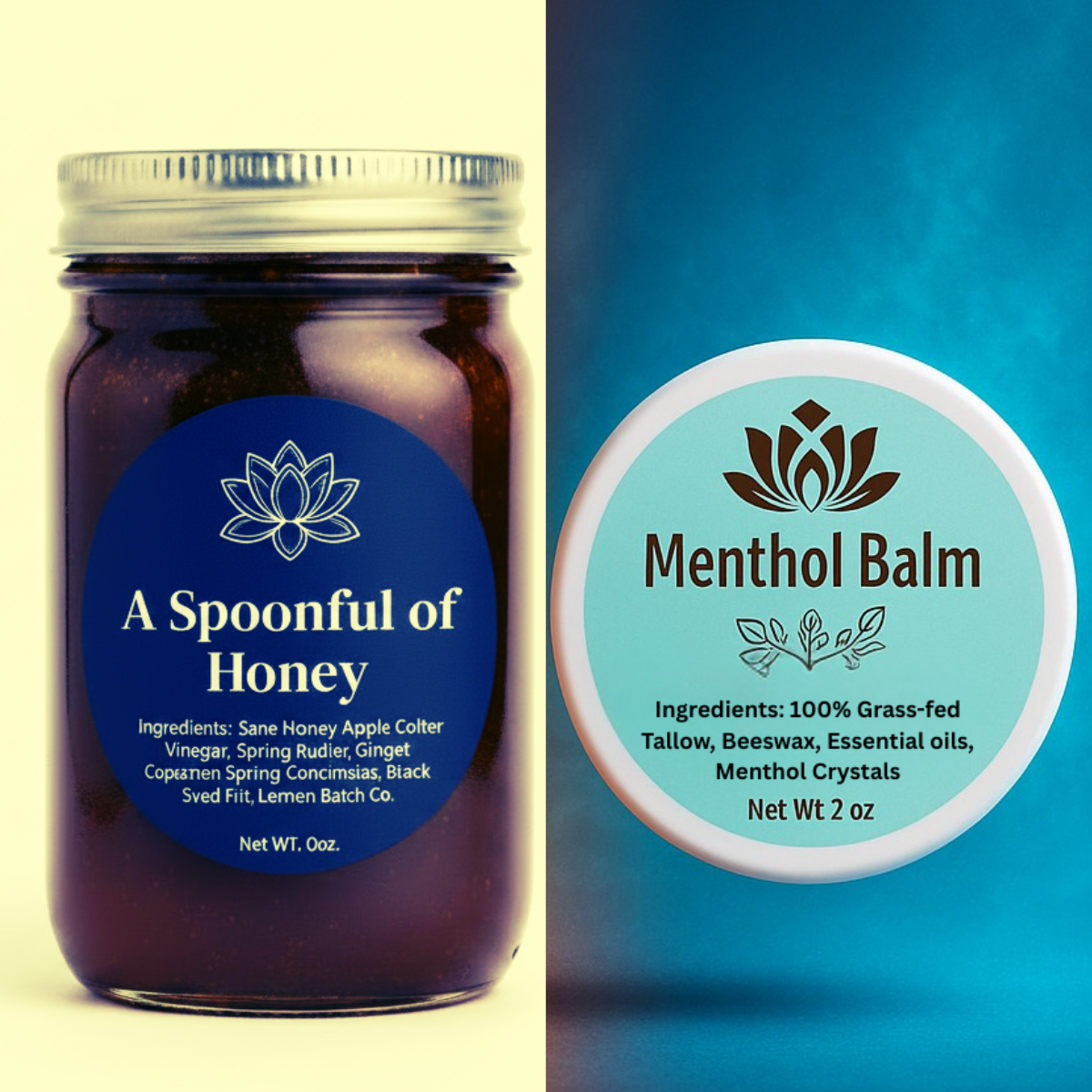 Two jars of natural balm and honey shown side by side: on the left, a glass jar of dark amber honey labeled 'A Spoonful of Honey'; on the right, a round white tin of Menthol Balm with a light blue label on a blue gradient background.