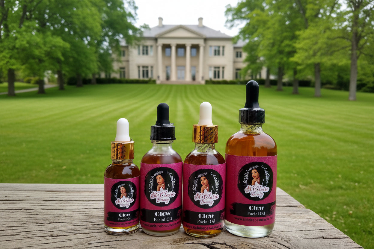 Four bottles of 'Glow' facial oil with pink labels on a wooden surface outdoors.
