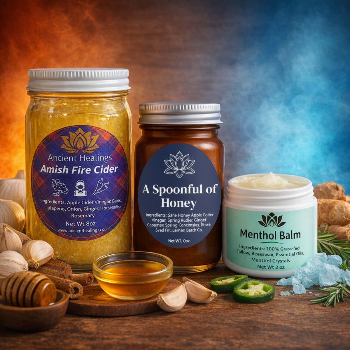 Three wellness products arranged on a rustic wooden surface: a jar of Amish Fire Cider, a jar of Honey, and a tub of Menthol Balm, surrounded by garlic, jalapeño slices, rosemary, crystals, and a small bowl of honey. The background is a warm-to-cool gradient from orange to blue.