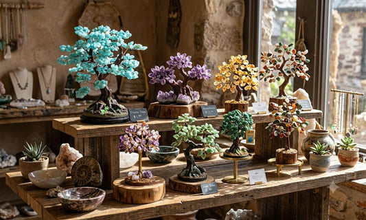 Display of small decorative trees and plants on a wooden table with a stone wall background.