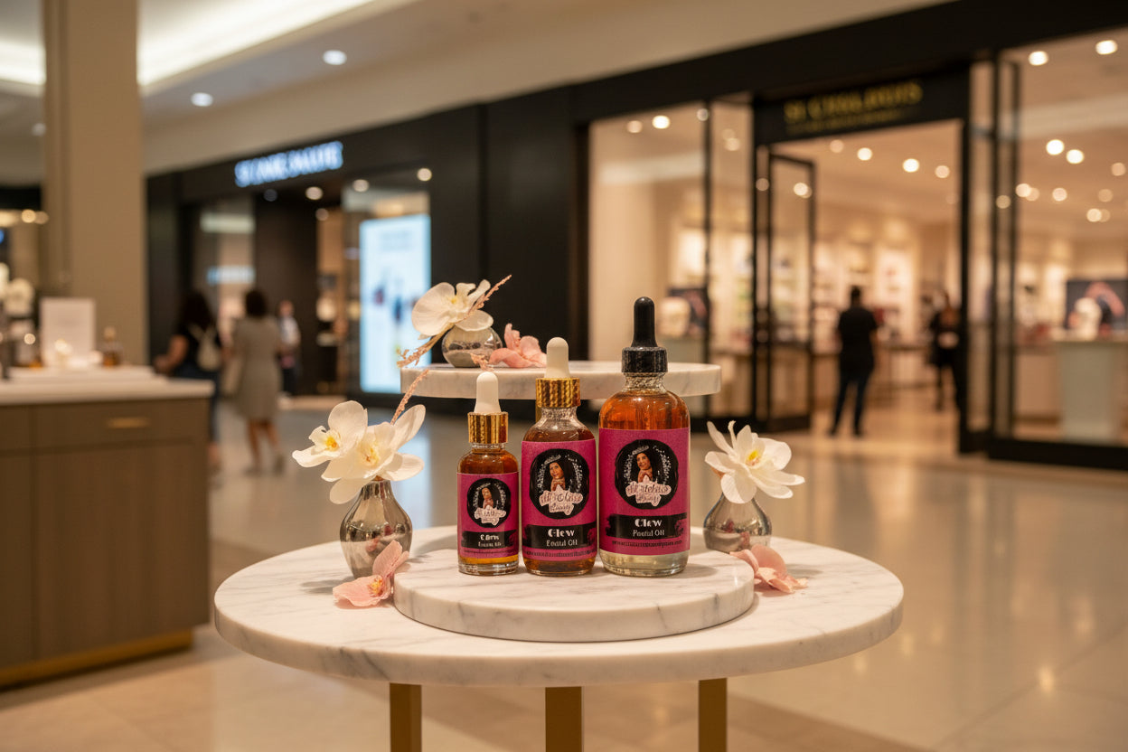 Three bottles of 'Glow' facial oil with pink labels on a wooden surface outdoors.